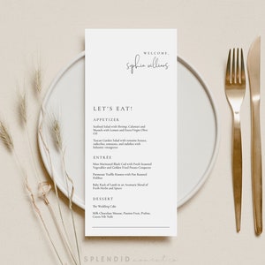 Modèle de menu de mariage moderne avec nom d'invité, Menu de mariage Mangeons, Bienvenue dans notre modèle de menu de mariage - Olivia