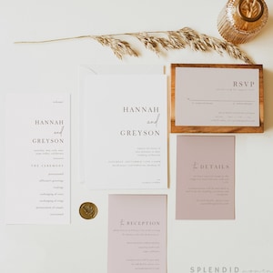 Minimal Dusty Rose Hochzeitseinladung Set Vorlage, moderne Hochzeitseinladung, Dusty Pink Purple Einladung Vorlage Download - Hannah