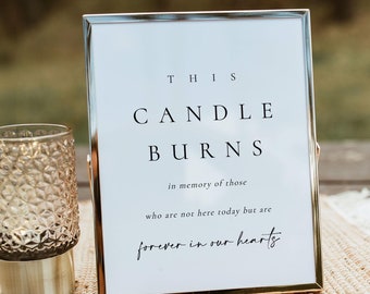 May include: A silver framed sign with the text "THIS CANDLE BURNS in memory of those who are not here today but are forever in our hearts".