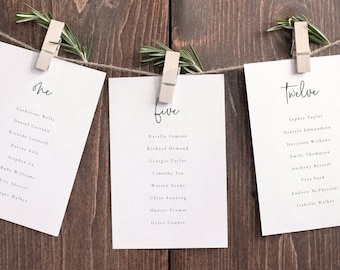 May include: Three white cards with black text, hanging from a string with clothespins. The cards are labeled "one", "five", and "twelve" and list names underneath each number.