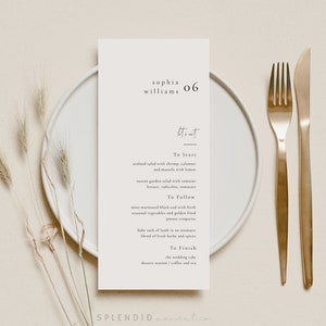 Plantilla de menú de boda minimalista y neutral, plantilla de menú de boda personalizable y editable con nombre de invitado, plantilla de menú de boda minimalista - Kyra