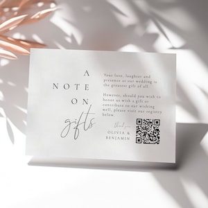 Szablon karty upominkowej A Note On Gifts, spersonalizowana wkładka do zaproszenia, karta z załącznikiem do zaproszenia QR, spersonalizowana wkładka do zaproszeń - Olivia
