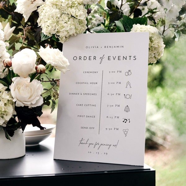 Plantilla de signo de línea de tiempo de boda, signo de orden de eventos, signo de boda de línea de tiempo, signo de itinerario de boda, signo de línea de tiempo de eventos de boda - Liv