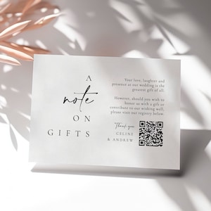 Moderne Geschenk Hinweiskartenvorlage, Ein Hinweis auf Geschenkkarte, Hochzeitseinladung Beilage, Flitterwochen-Fondskarte mit QR-Code, alles gewünscht - Celine