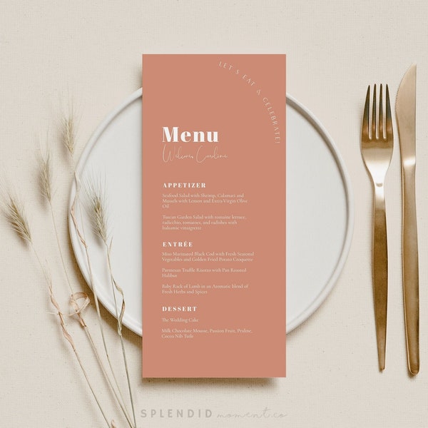 Modèle de menu de mariage moderne, menu moderne, modèle de menu en arc de cercle, menu de mariage bohème imprimable, menu de mariage orange modifiable - Chloé