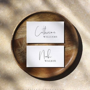 Plantilla de tarjeta de lugar de boda moderna, tarjetas de nombre de boda editables, tarjetas de nombre imprimibles con íconos de comidas, etiquetas con nombres de invitados, etiquetas de obsequios - Olivia