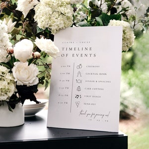 Modèle modifiable de panneau de chronologie de mariage, panneau de réception de mariage moderne, panneau d'itinéraire de mariage, ordre des événements, programme de mariage - Claire