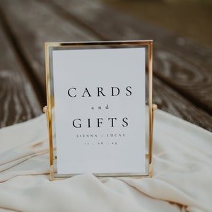Modèle d'enseigne minimaliste pour cartes de mariage et cadeaux, enseigne de réception de mariage bricolage, enseigne de table moderne imprimable pour cartes et cadeaux - noir de sienne