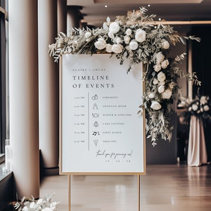 Plantilla de letrero de cronología moderna, letrero de horario de bodas, letrero de itinerario de bodas, orden de eventos, itinerario de cronología de bodas editable - Claire