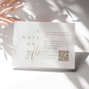 Goldhochzeit Ein Hinweis auf Geschenkvorlage, bearbeitbare Hochzeitsgeschenkkarte, druckbare Hochzeitseinschluss-Geschenkliste, QR-Code-Geschenkhinweiseinlage - Sienna