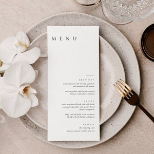 Modernes Hochzeitsmenü Vorlage, bearbeitbare Menükarte, Minimalistisches Hochzeitsmenü, elegantes komplettes Menü, druckbares Hochzeitsmenü - Siena Black