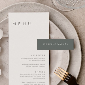 Plantilla para tarjetas de lugar en color verde salvia, tarjetas de lugar para bodas en verde, tarjetas de nombre pequeñas para la cena de ensayo de bodas, tarjeta de lugar para menú delgada - Liv