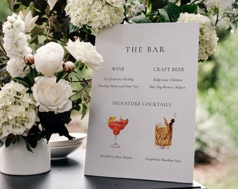 Editable Wedding Bar Menu Sign Template, Wine and Beer List Sign, Bar Wedding Signature Cocktails Drinks Template in Multiple Sizes - Claire