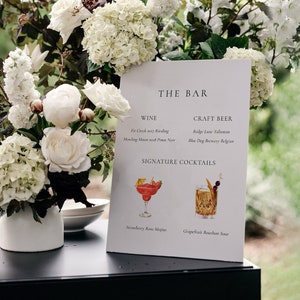Bearbeitbare Hochzeitsbar-Menü-Schildvorlage, Wein- und Bierlistenschild, Bar-Hochzeitssignatur-Cocktails-Getränkevorlage in mehreren Größen - Claire