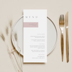 Menu z szablonem karty miejsca, karta miejsca Dusty Rose, menu weselne, menu na kolację próbną, różowe wesele, nazwa wieczoru panieńskiego - Sophia Sienna