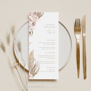 Plantilla de menú de boda boho, menú de boda boho, plantilla de menú de hierba de la pampa, menú de boda boho, menú de boda de rosas, menú floral - Ava
