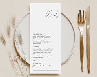 Let's Eat Modern Menu Template, Editable Printable Wedding Menu Card Template, Minimal Elegant Menu for Wedding and Special Events - Olivia