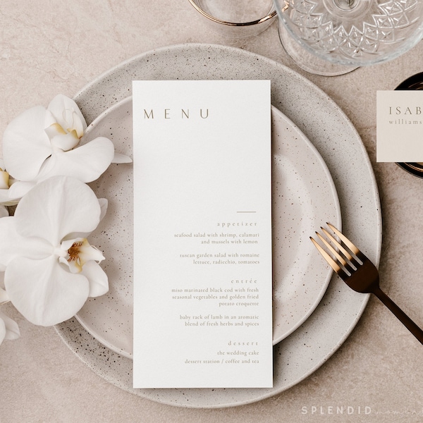 Menu de mariage moderne, modèle de menu de mariage minimal, menu rouille or, menu de mariage or imprimable, menu de mariage bohème modifiable - sienne