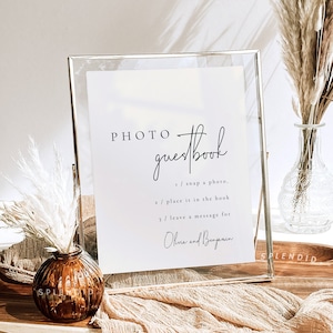 Bearbeitbare neutrale Hochzeitsfoto-Gästebuchschild-Vorlage, druckbares modernes Foto-Gästebuchschild für den Hochzeitstisch in mehreren Größen Kyra Bild 1