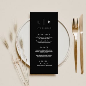 Zwarte bruiloft menukaartsjabloon, monogram menusjabloon, bruiloft logo menu, bruiloft monogram menukaart afdrukbare bewerkbare - Liv