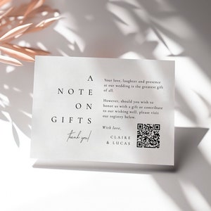Hochzeit einladen Geschenke Insert Vorlage, ein Hinweis auf Geschenkkarte, Event-Einladung Geschenkkarte, Hochzeit QR-Code Geschenke Liste Beilage Karte - Claire