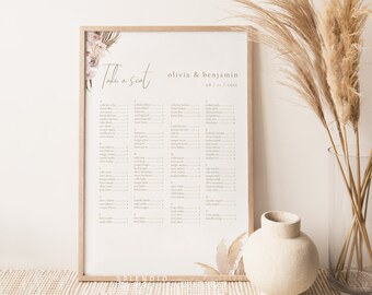 Puede incluir: Un plano de asientos de boda imprimible con un diseño floral y el texto "Take a seat" y "Olivia & Benjamin" con la fecha "08 / 11 / 2020".