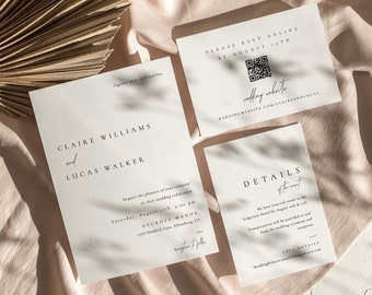 May include: A wedding invitation suite with a white background and black text. The invitation includes the names Claire Williams and Lucas Walker, the date and time of the wedding, and the location. The RSVP card includes a QR code and the wedding website. The details card includes information about the ceremony and reception.
