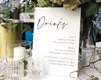 Modern Wedding Bar Sign Template, Editable Elegant Wedding Drinks Menu Sign Template, Simple Cursive Bar Sign in Multiple Sizes - Celine