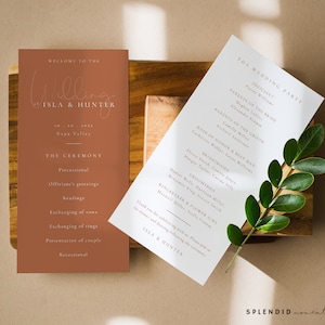 May include: Wedding ceremony programme with a brown background and white text. The programme lists the officiant, parents of the bride and groom, maid of honour, best man, bridesmaids, groomsmen, ring bearer, and flower girl. The programme also includes the text "Welcome to the Wedding, Isla & Hunter, 2022, Napa Valley, The Ceremony, Processional, Officiant's Greetings, Readings, Exchanging of Vows, Exchanging of Rings, Presentation of Couple, Recessional".