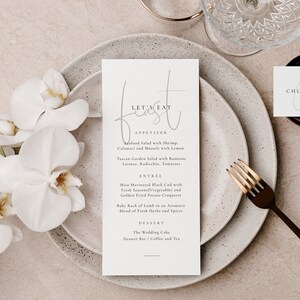 Plantilla de menú de boda moderna, menú de boda imprimible, menú de boda editable, plantilla de tarjeta de menú de boda única, menú Let's Eat - Isla