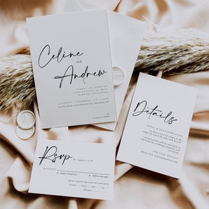 Plantilla de invitación de boda para invitación de boda moderna, tarjeta de invitación RSVP con código QR para boda, invitación de boda minimalista - Celine