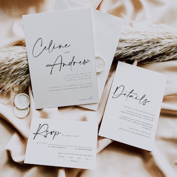 Moderne Hochzeitseinladung: Minimalistisches, elegantes Design (Digitaler Download) - Celine