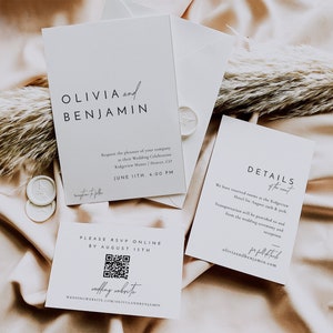 Conjunto de invitaciones minimalistas, conjunto de invitaciones de boda, tarjeta de respuesta con código QR RSVP, RSVP para sitio web de invitaciones, boda minimalista - Liv
