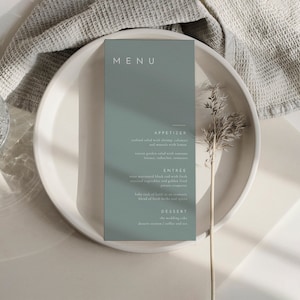 Modelo de cardápio de casamento moderno em verde-sálvia, modelo de cardápio de casamento verde minimalista e elegante editável, cardápio de casamento verde-sálvia para impressão - Liv