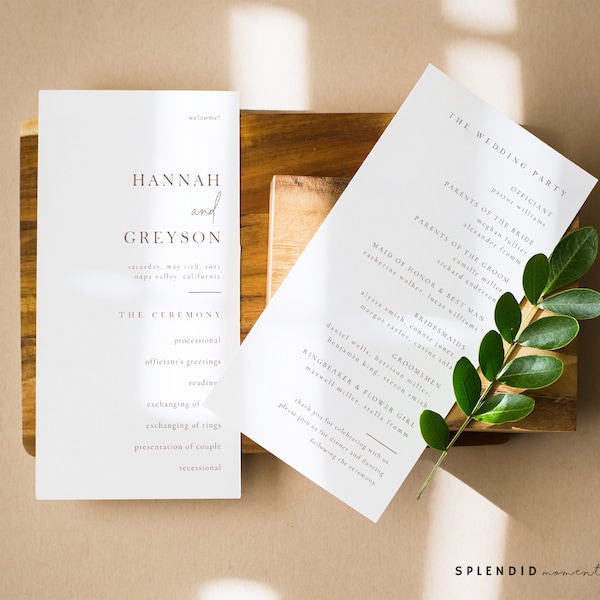 Modern Wedding Program Template, Simple Wedding Program Template Download, Editable Program, Printable Simple Wedding Program - Hannah