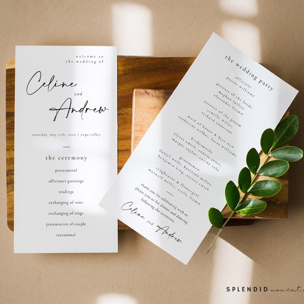 Modern Elegant Wedding Program Template, Printable Modern Wedding Program, Editable Wedding Program Card, Modern Ceremony Program - Celine