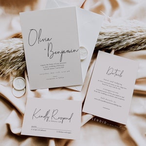 Minimal Invitation Suite Template, Wedding Invitation Set Template Download, Editable Invitation Template in Off White, Beige Wedding - Kyra