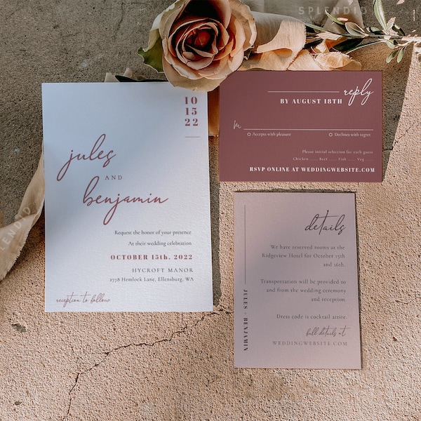 Modern Bohemian Wild Rose Wedding Invitation Suite Template, Elegant Desert Bohemian Dusty Rose Wedding Invitation Suite Template - Jules