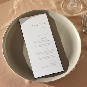 Plantilla de tarjeta de lugar con nombre para menú de boda, menú de boda editable con nombre de invitado, menú de tarjeta de lugar para boda, menú de boda con nombre de invitado - Hannah