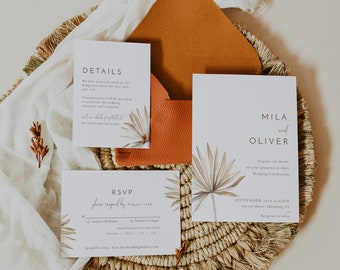 May include: A wedding invitation suite with a minimalist design featuring a palm leaf illustration. The invitation card reads "Mila and Oliver" and includes the date and time of the wedding ceremony. The RSVP card includes a section for guests to indicate their attendance and meal preference.