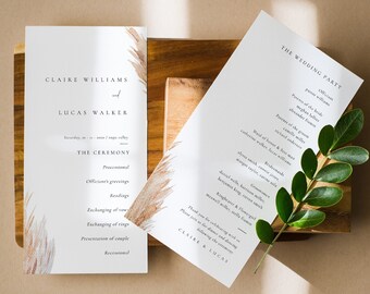 Pampas Grass Wedding Program Template, Wedding Ceremony Program Template, Bohemian Wedding Program Template Editable - Claire