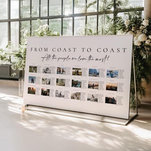 May include: A white sign with the text "FROM COAST TO COAST" and "All the people we love the most!" in black. The sign displays small photos arranged in rows. The sign is in a clear glass frame, with floral arrangements in the background.