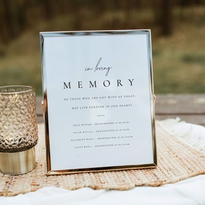 May include: A framed sign with the words "in loving memory" in elegant script. The sign lists names and relationships, likely for a wedding. A decorative glass candle holder sits to the left. The sign is gold-framed.