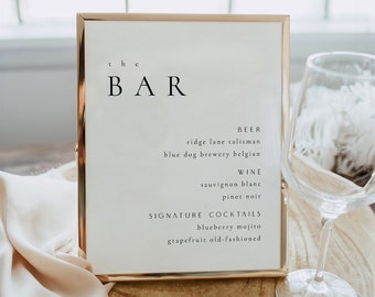 Modern Wedding Bar Menu Sign Template, Editable Wedding Drinks Menu Sign, Minimalist Bar Sign, Personalized Bar Menu - Sienna Black
