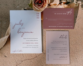 Modern Bohemian Wild Rose Wedding Invitation Suite Template, Elegant Desert Bohemian Dusty Rose Wedding Invitation Suite Template - Jules