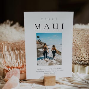 May include: A white card with the word "TABLE" above "MAUI" in black text. A photo shows two people with surfboards walking in the ocean. Text below reads "Our first overseas trip, where we met friends from university and spent a week enjoying the surf."