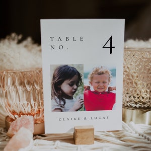 Modèle photo numéro de table, numéros de table de mariage élégants, numéro de table photo d'enfance, modèle de réception imprimable modifiable - Claire V1