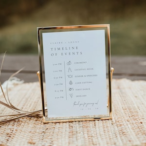 Modèle de carte de chronologie de mariage moderne, panneau de chronologie de réception, carte d'itinéraire de mariage personnalisée, chronologie des événements, ordre du jour - Claire