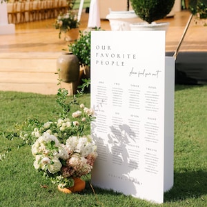 May include: A white sign with black text that reads "Our Favorite People" and lists names for a wedding seating chart. The sign is placed on a green lawn with a bouquet of white and pink flowers in a terracotta pot.