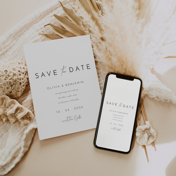 Minimalist Save the Date Template Printable Editable Card, Save Our Date, E-vite and Printed Card Template Set - Liv